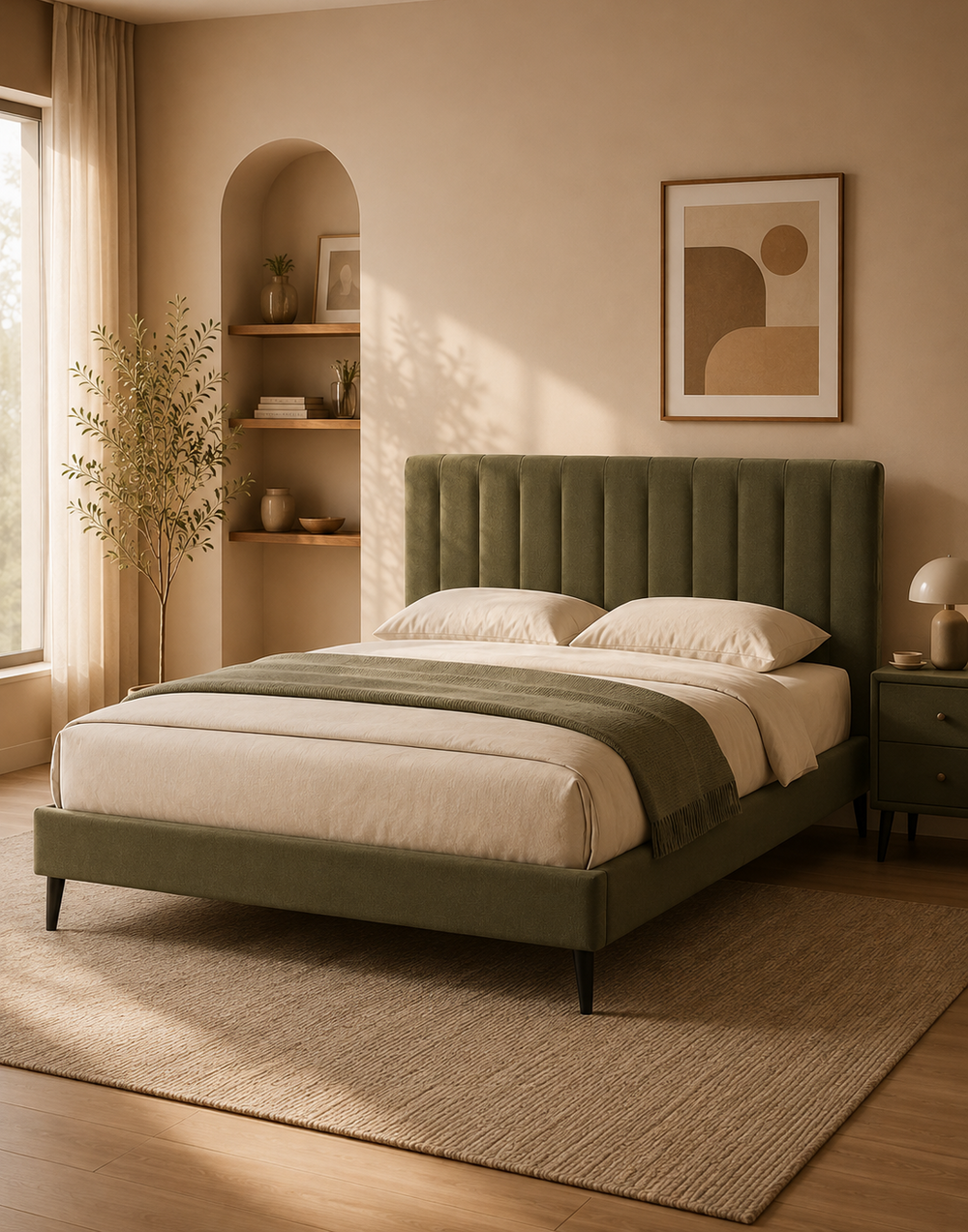 Polsterbett Doppelbett Olivgrün Polyester mit gepolstertem Kopfteil 160 x 200 cm