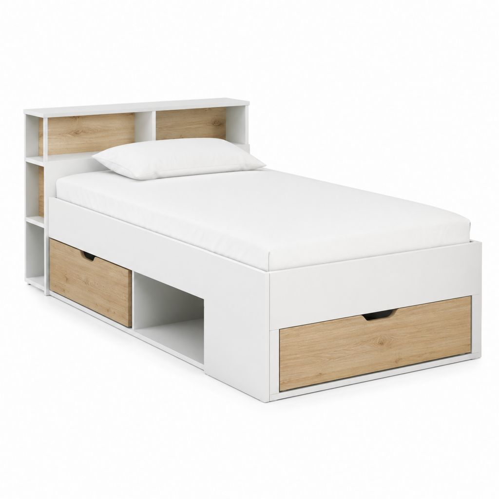 Einzelbett mit Stauraum Weiß Eiche Dekor Spanplatte rechteckig 90 x 200 cm