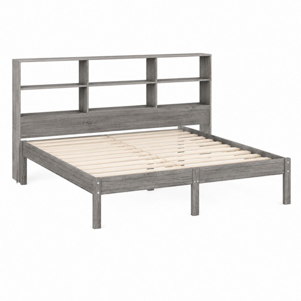 Bettgestell mit Regal-Kopfteil Grau Holzwerkstoff 140 x 200 cm