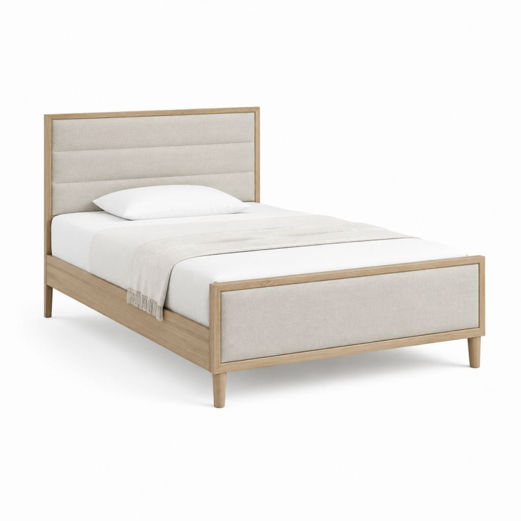 Polsterbett Bettgestell Naturbeige aus Eiche Massivholz rechteckig mit gepolstertem Kopfteil 140 x 200 cm