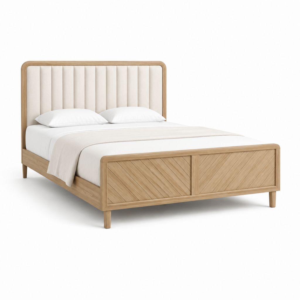 Doppelbett Bettgestell Naturholz mit beige gepolstertem Kopfteil 160 x 200 cm