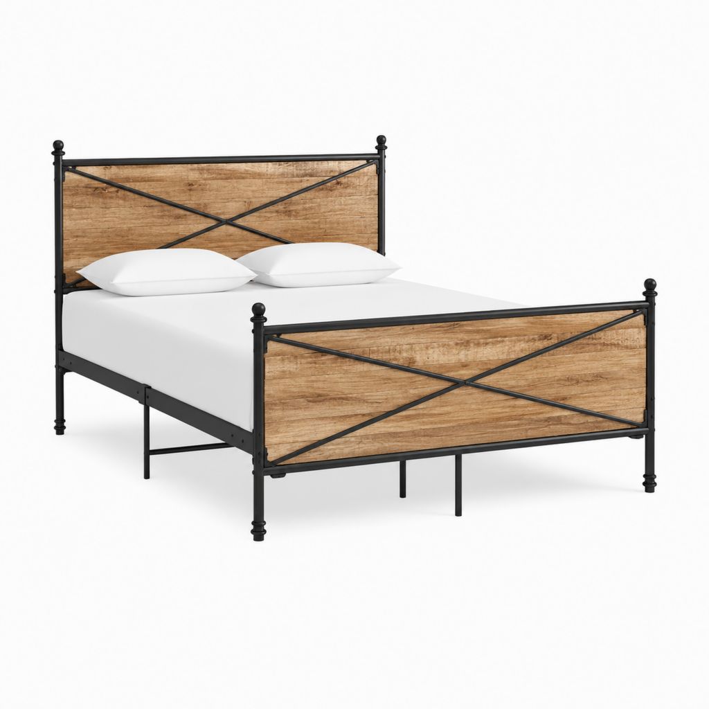 Doppelbett Metallbett Schwarz Braun mit Holzoptik Kopfteil und Fußteil 160 x 200 cm