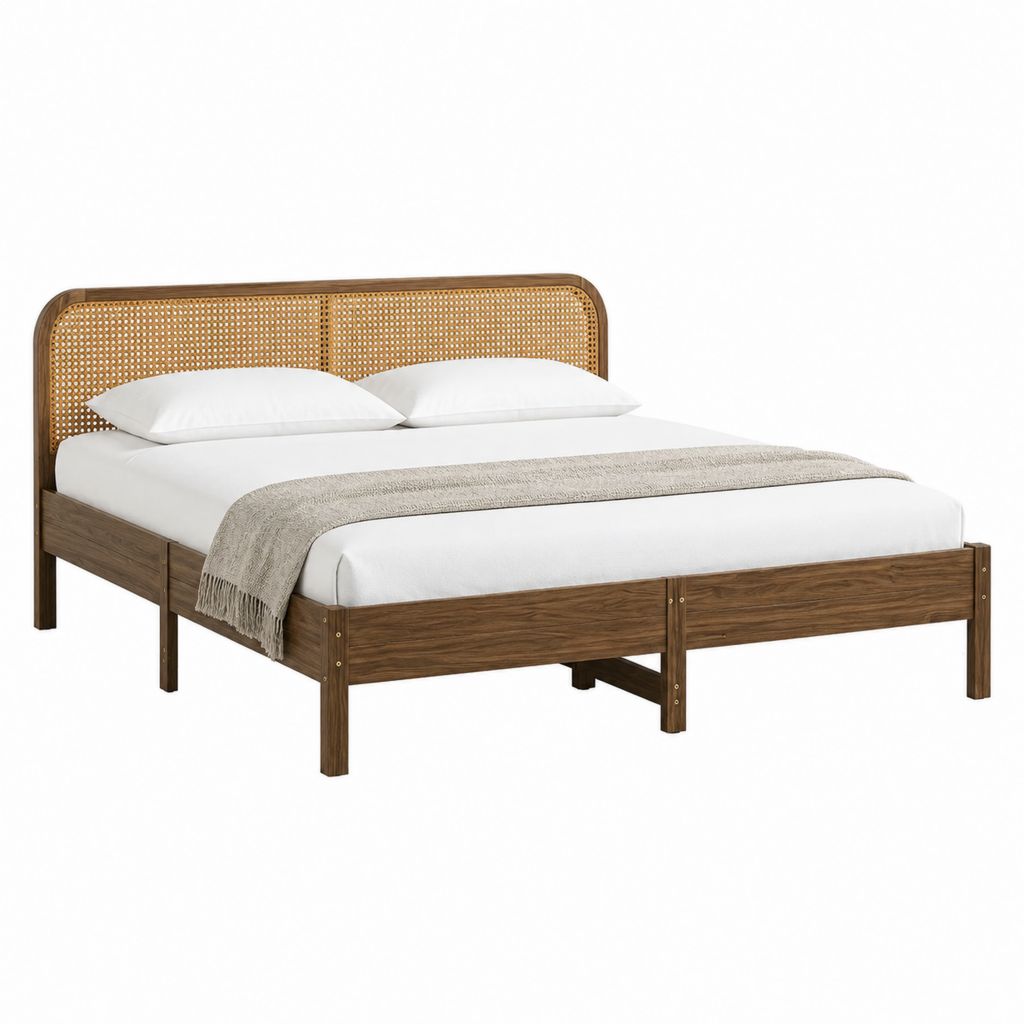 Doppelbettgestell Nussbraun aus Massivholz mit Rattan Kopfteil 160 x 200 cm