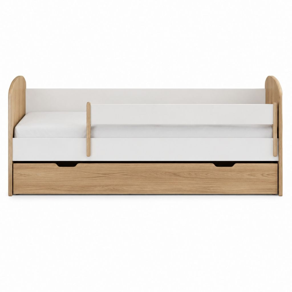 Kinderbett mit Rausfallschutz und Schublade Weiß Naturholz aus Massivholz und MDF 140 x 70 cm