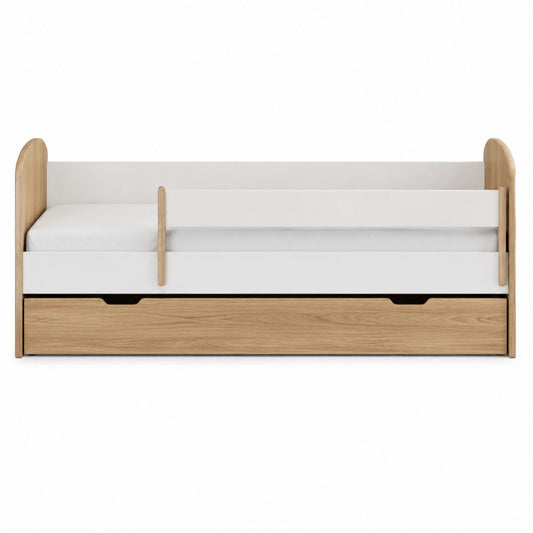 Kinderbett mit Rausfallschutz und Schublade Weiß Naturholz aus Massivholz und MDF 140 x 70 cm